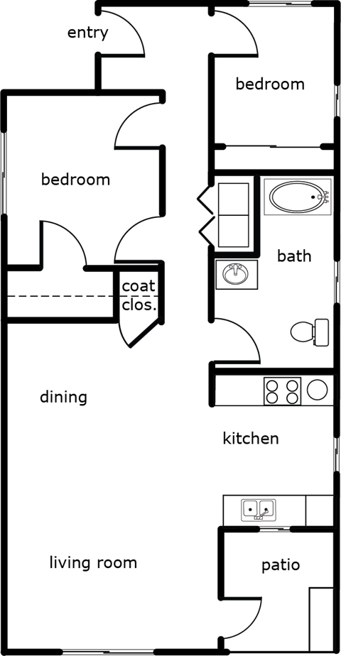 Floor plan for 2 beds, 1 bath, 1000 sqft
